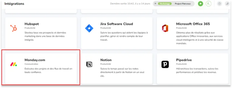 Cliquez sur l'application que vous souhaitez intégrer (par exemple monday.com) dans la liste des intégrations disponibles. 