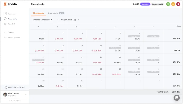 Monthly personal timesheets view on web