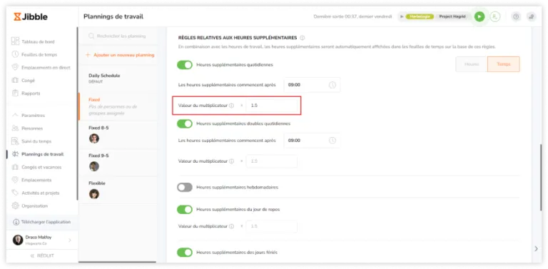 Defining multiplier values for overtime on the web app