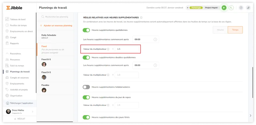 Defining multiplier values for overtime on the web app