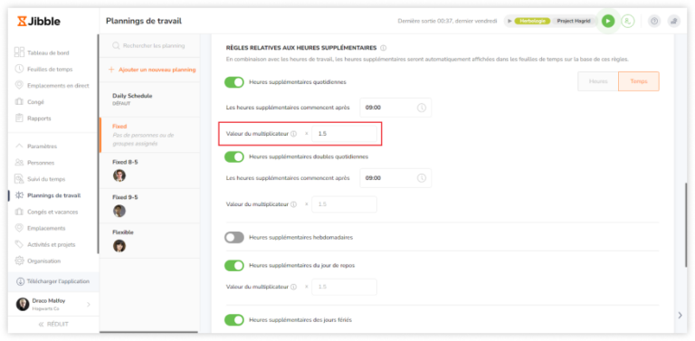 Defining multiplier values for overtime on the web app