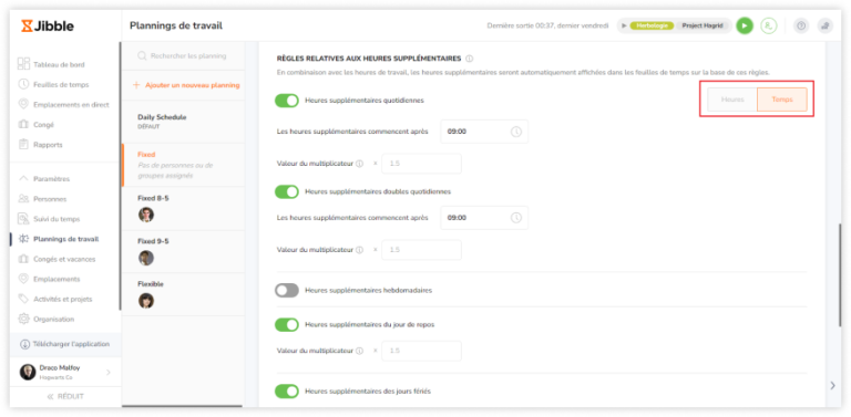 Selecting overtime thresholds by hours or time on the web app