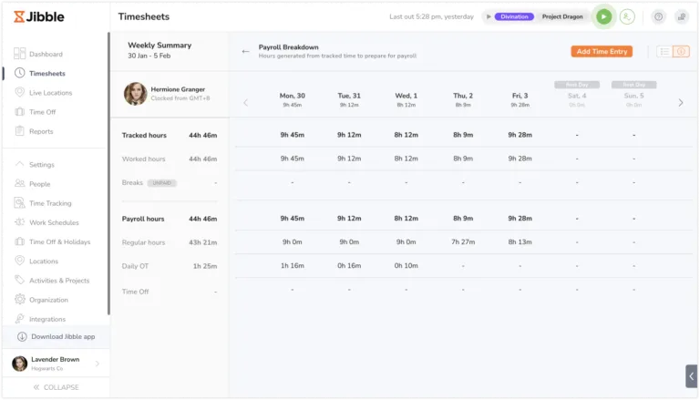 Breakdown of payroll hours for each day on timesheets