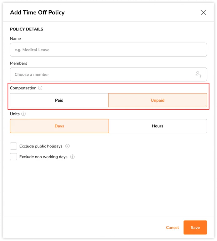Selecting unpaid time off policies on the web app