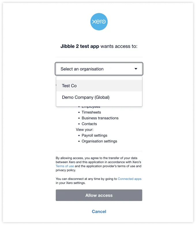 Memilih organisasi yang akan disinkronkan antara Xero dan Jibble