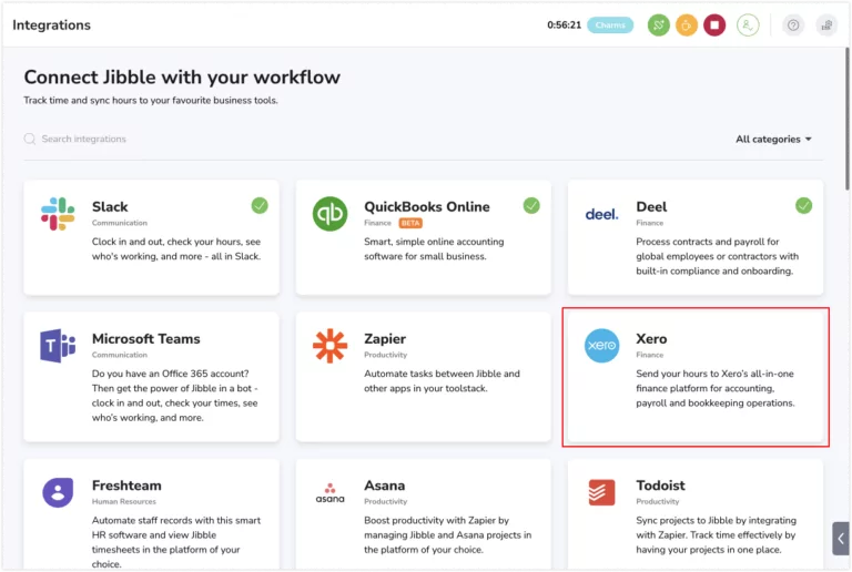 Selecting Xero to integrate