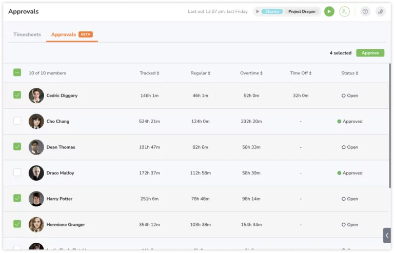 Selecting members in bulk to approve timesheets