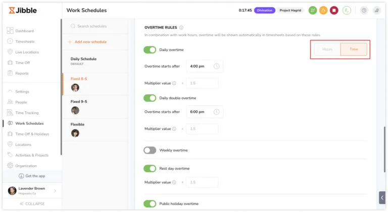 Selecting overtime thresholds by hours or time on the web app