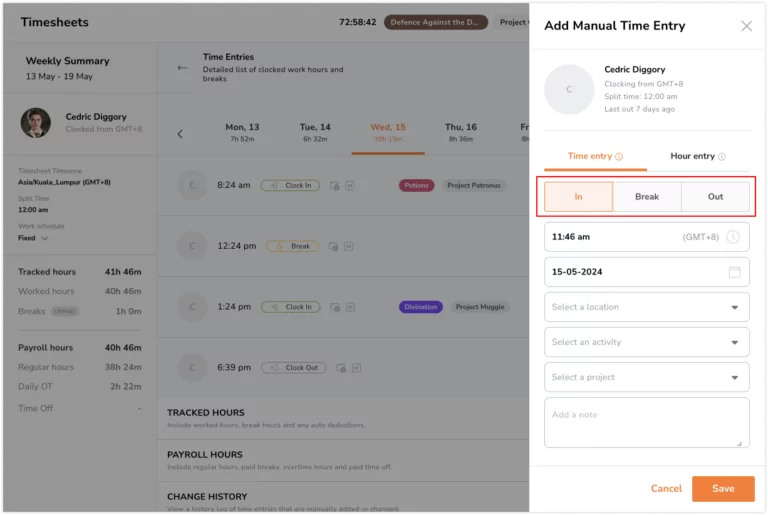 Selecting type of time entry to add