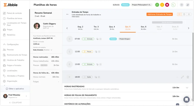 Registro diário de horas na folha de ponto para folha de pagamento