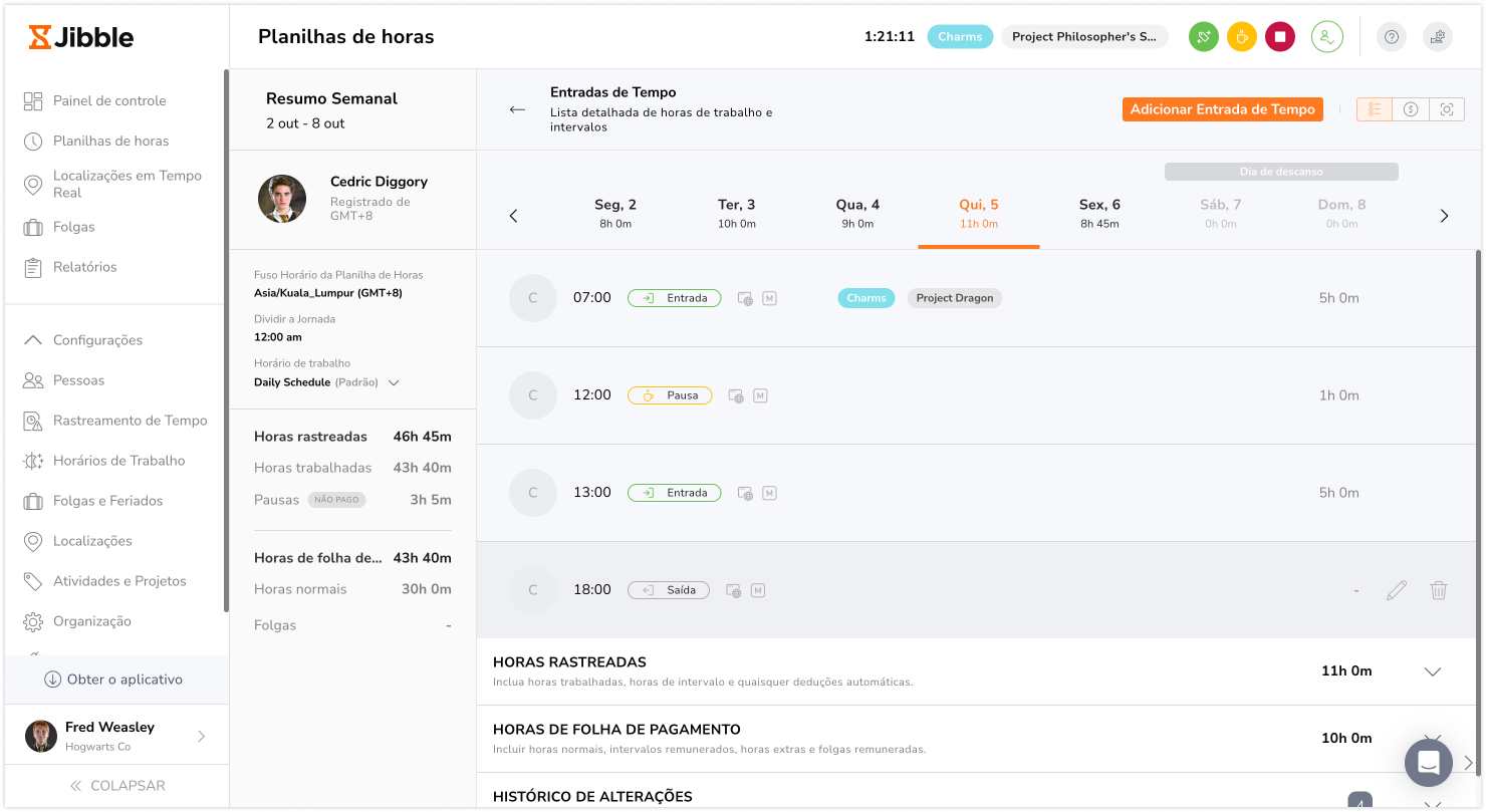 Registro diário de horas na folha de ponto para folha de pagamento