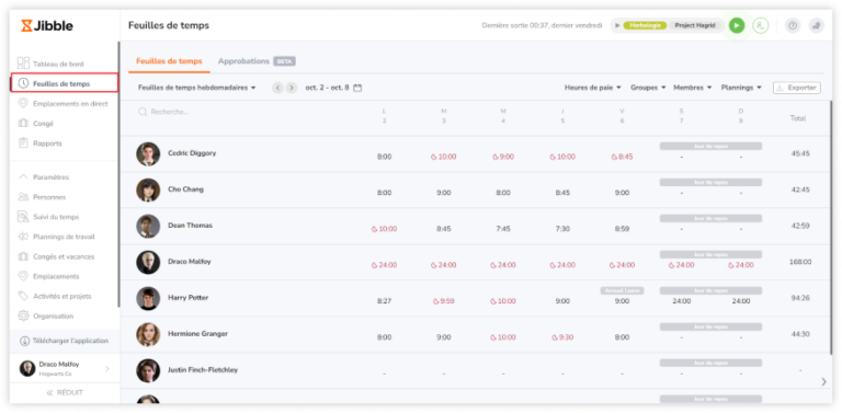 Viewing timesheets on the web app