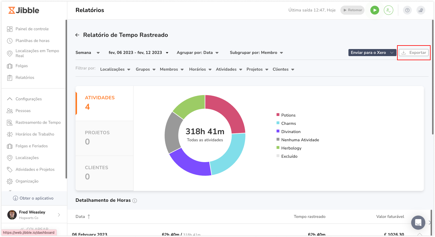 Botão de exportar na página de relatório de horas registradas