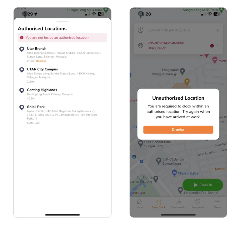 Geofencing to determine unauthorized locations during clock ins