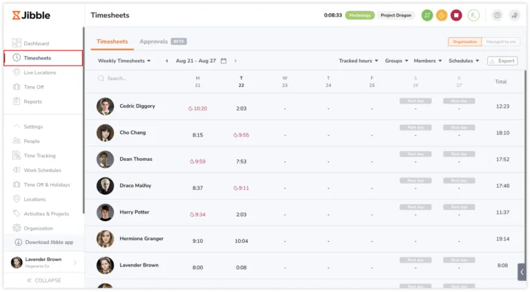 Viewing timesheets on the web app