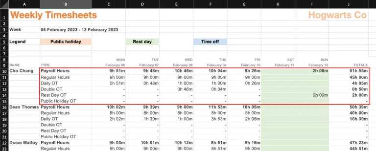Weekly timesheets showing breakdown of regular hours and overtime hours