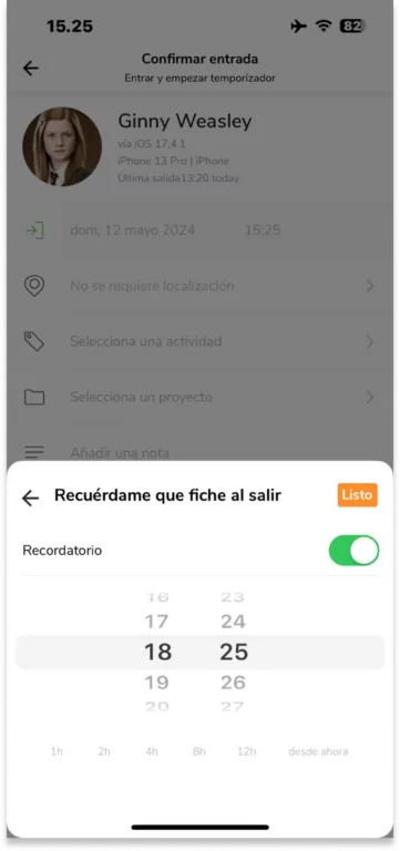 En la pantalla de confirmación del fichaje, haz clic en el chip de la parte inferior con el icono de una campana.
