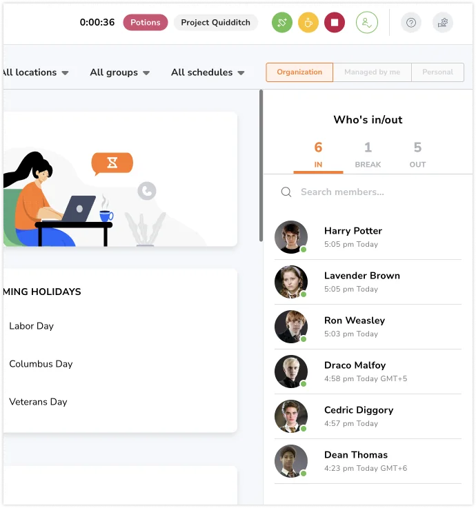 Who's in out widget on the web app dashboard