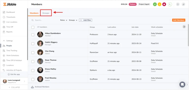 Groups tab under People