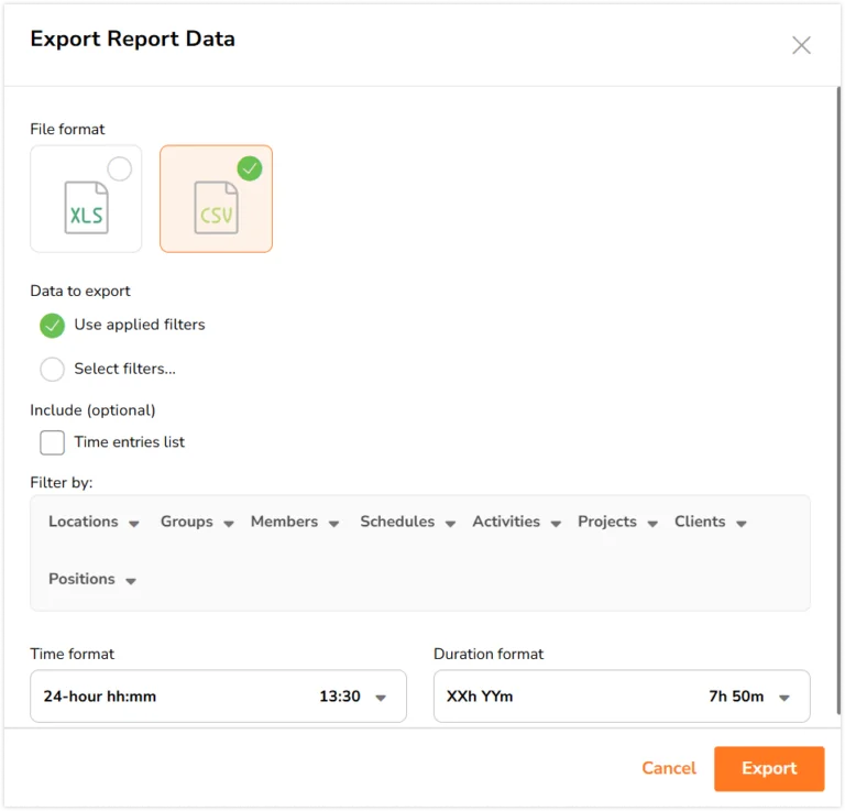 Export sidebar for tracked time report