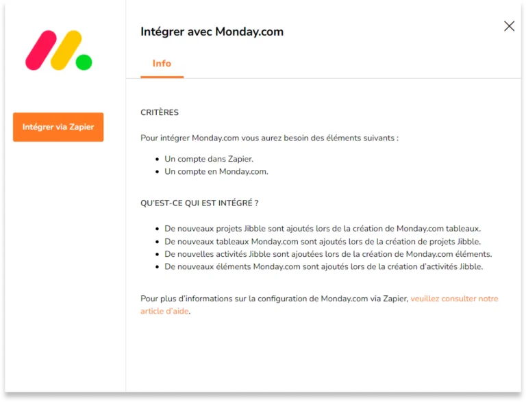 Pour les applications qui peuvent être liées à Zapier, vous verrez un bouton qui s'intègre à Zapier. Cliquez sur ce bouton "Intégrer via Zapier".