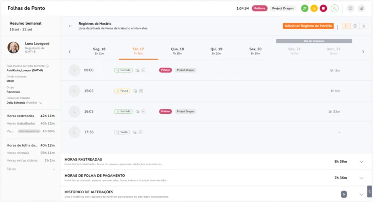 Visualizando planilhas de horas como membro no aplicativo web