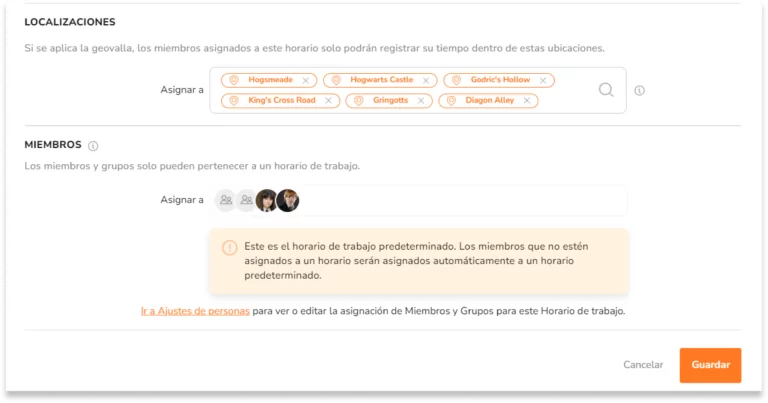 Asigna miembros a horarios de trabajo y vincula las localizaciones a horarios de trabajo.