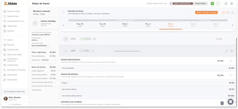 En la parte inferior de tus hojas de horas detalladas, verás tres opciones desplegables: Horas registradas, Horas de nómina e Historial de cambios. Las Horas registradas incluyen todas las horas trabajadas, junto con los descansos, mientras que las Horas de nómina se distribuyen entre las horas regulares y las horas extras, si procede. Para una comprensión más profunda de las diferencias, consulta nuestro artículo sobre la diferencia entre horas registradas y horas de nómina. La sección Historial de cambios te muestra todas las ediciones o cambios realizados en tus entradas de tiempo, ya sea por ti mismo o por tu gerente.