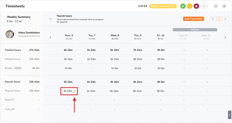 Pencil icon next to payroll hours