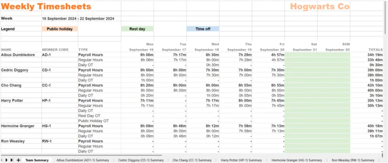 Weekly timesheet export