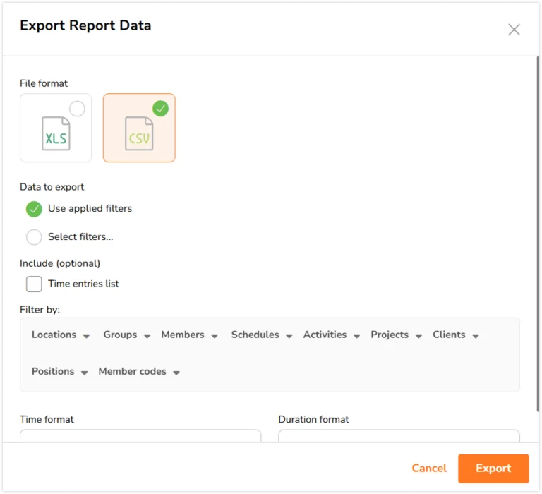 Export sidebar for tracked time report