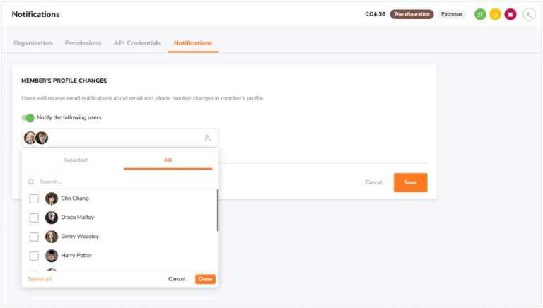 Dropdown to choose who to notify about email and phone number changes in member's profile