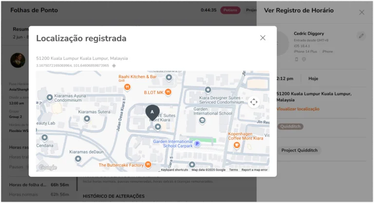 Visualizando localizações GPS em planilhas de horas detalhadas