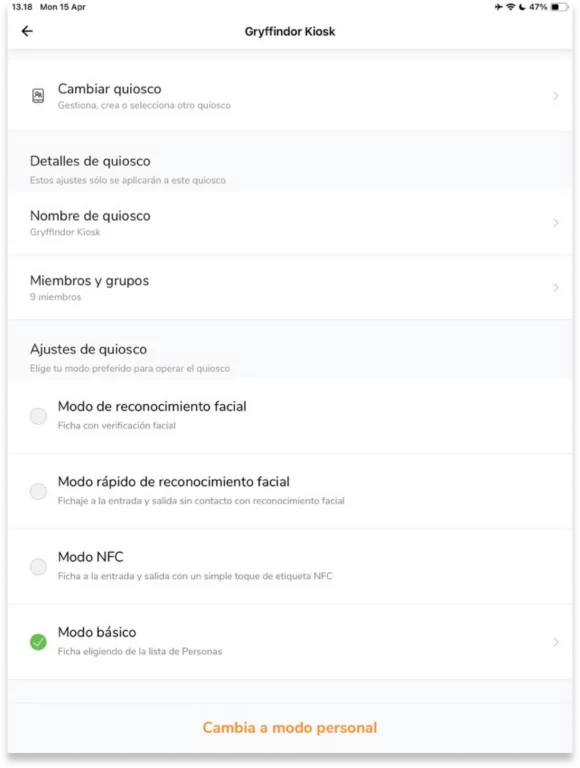 En función de cómo quieras que tu personal registre el tiempo, puedes seleccionar uno de los 4 tipos de modos de quiosco