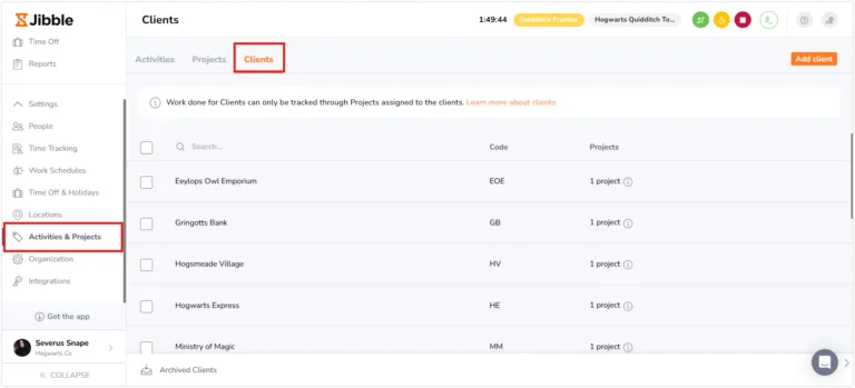 Clients tab under Activities & Projects