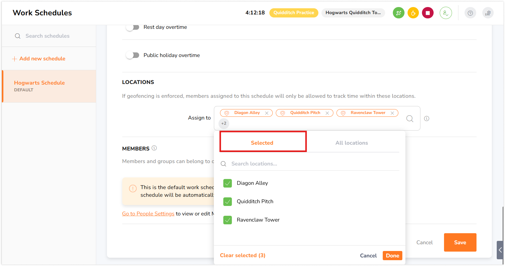 Selected tab under location assignment