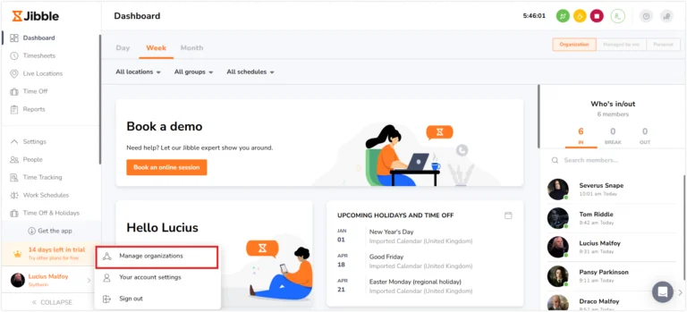 Botão de gerenciar organizações no app web