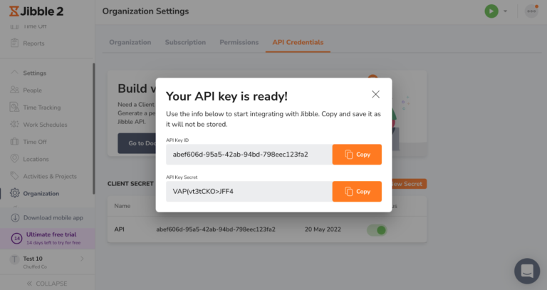 Your Jibble Dahsboard API Keys have been created