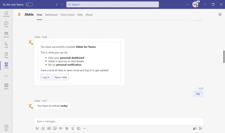 Layar login Jibble di MS Teams
