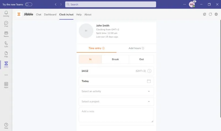 Layar konfirmasi clock in di MS Teams