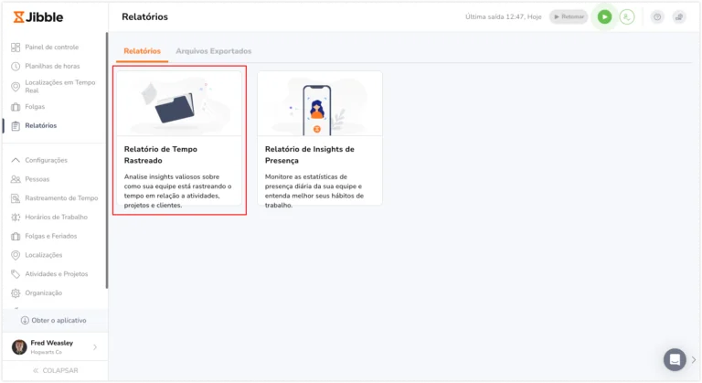 Relatório de horas registradas na aba de Relatórios