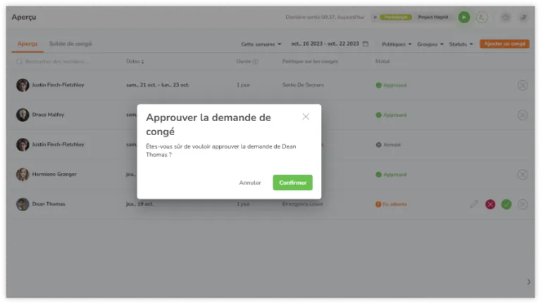 Demande d'approbation de la demande de congé d'un membre de l'équipe