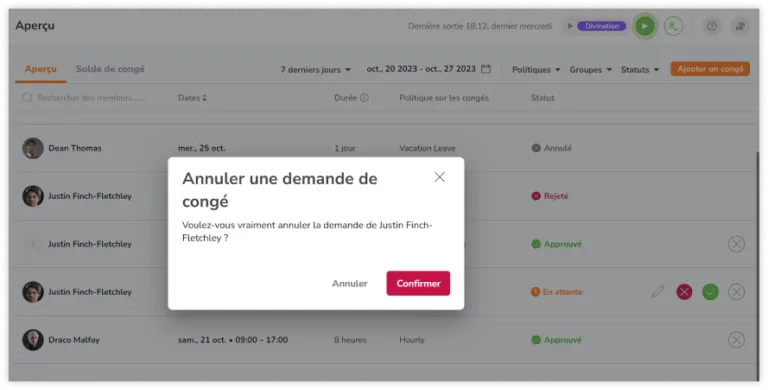 Demande d'annulation de la demande de congé d'un membre de l'équipe