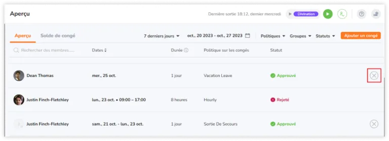 L'icône X permet d'annuler les demandes de congé en cours pour un membre de l'équipe