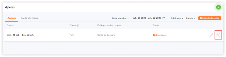 Icône X pour annuler les demandes de congés en attente