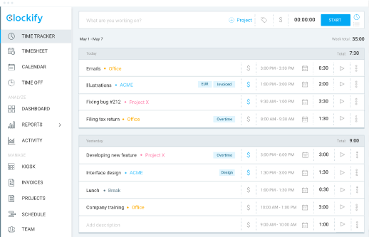 Clockify Web layout showing time tracking, calendar and reports.