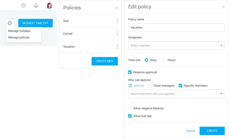 Composite image of Clockify time off dropdown menus