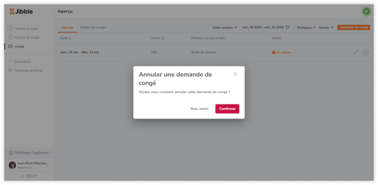 Confirmation de l'annulation du congé dans l'invite