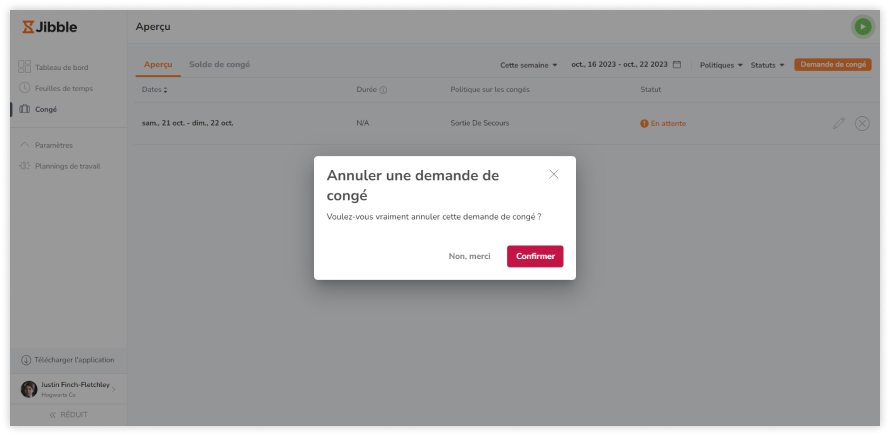 Confirmation de l'annulation du congé dans l'invite