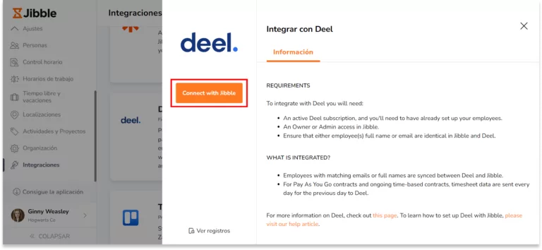 Verás un modulo que se integra con Deel. Haz clic en "Conectar con Jibble".